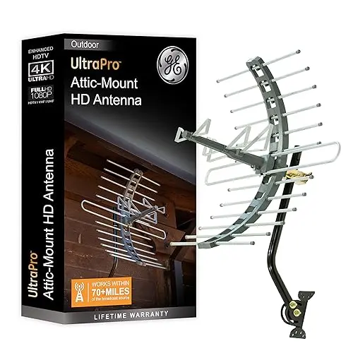 GE Outdoor TV Antenna mounted on a roof with included J-mount