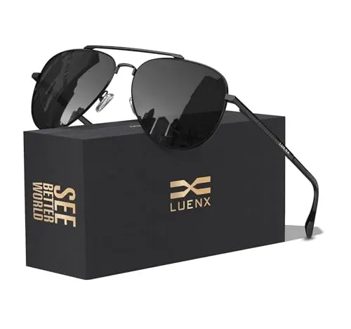 LUENX Aviator Sunglasses with black lens and black metal frame