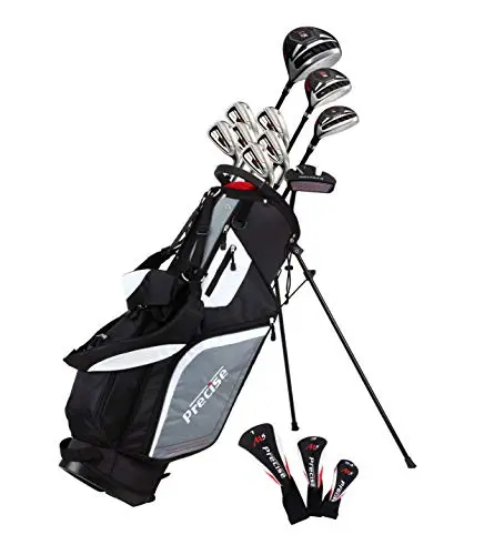 Precise M5 left-handed golf clubs set in black/red with stand bag