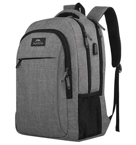MATEIN Travel Laptop Backpack in grey color showing multiple compartments and USB port