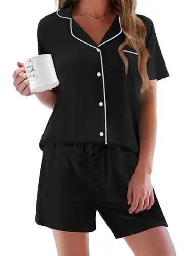 Ekouaer women's button-down pajama set with shorts in black