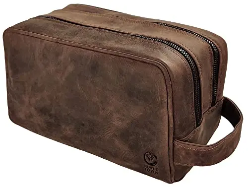 RUSTIC TOWN dark brown full grain leather toiletry bag with dual compartments