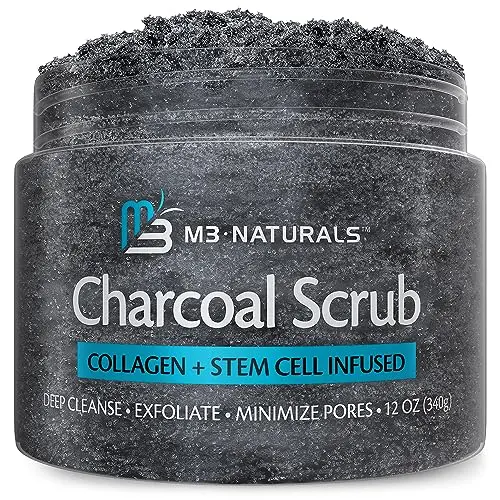 M3 Naturals charcoal scrub in black jar with collagen and stem cells