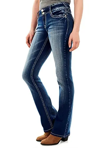 WallFlower curvy bootcut jeans for petite women showing stretch denim and flattering fit