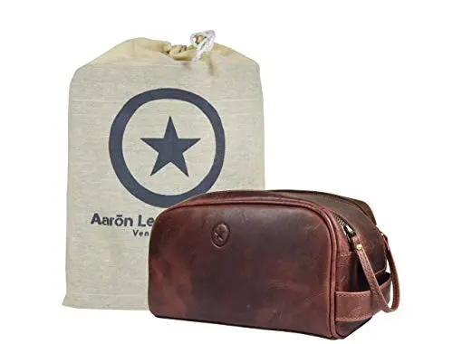 AARON LEATHER dark brown leather toiletry bag