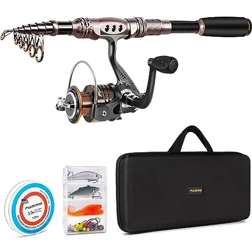 PLUSINNO spinning fishing rod and reel combo with telescopic pole and carrier case
