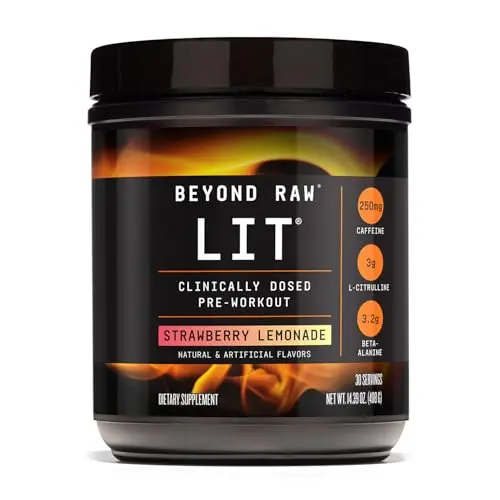 BEYOND RAW LIT Pre Workout Powder tub with strawberry lemonade flavor