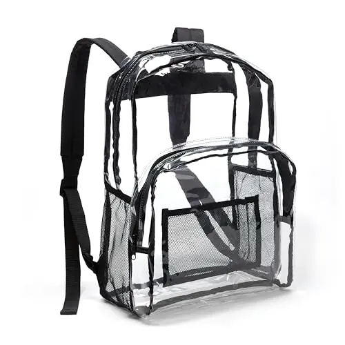 Amazon Basics transparent clear backpack showing interior contents