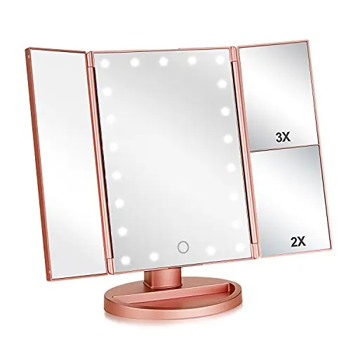 Flymiro rose gold tri-fold LED vanity mirror with magnification panels