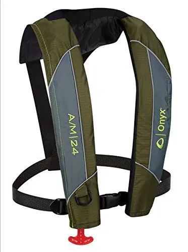 Onyx A/M-24 Automatic/Manual Inflatable Life Jacket in green with adjustable belt