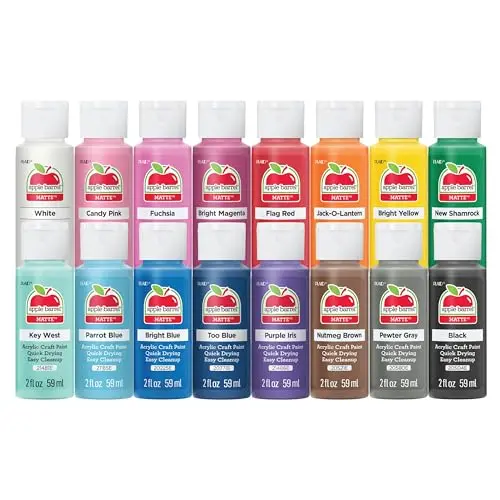 Apple Barrel acrylic paint set with 16 matte colors in plastic bottles