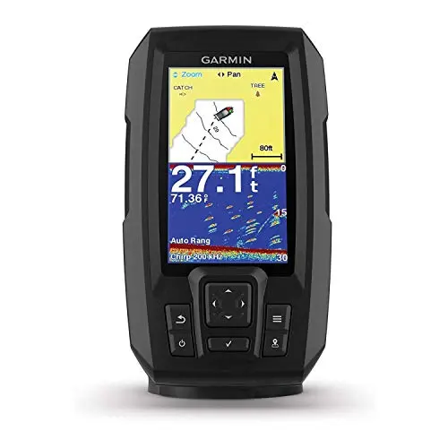 Garmin Striker Plus 4 fish finder mounted on kayak with display showing sonar