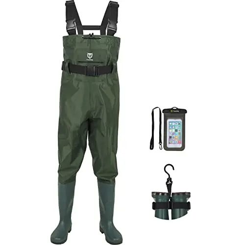 TIDEWE bootfoot chest waders in green with adjustable suspenders