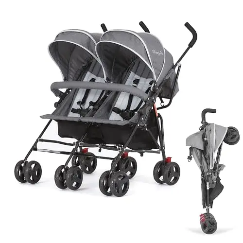 Dream On Me Volgo Twin Umbrella Stroller in gray with dual canopies and lightweight frame