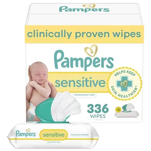 Pampers Sensitive baby wipes package showing clinical protection