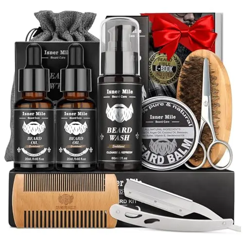 Isner Mile beard grooming kit with multiple products and tools