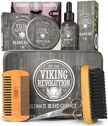 Viking Revolution beard care kit in metal tin with multiple products