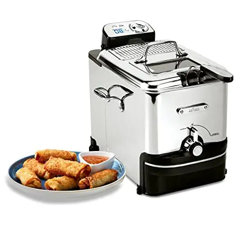 All-Clad deep fryer with oil filtration and stainless steel design