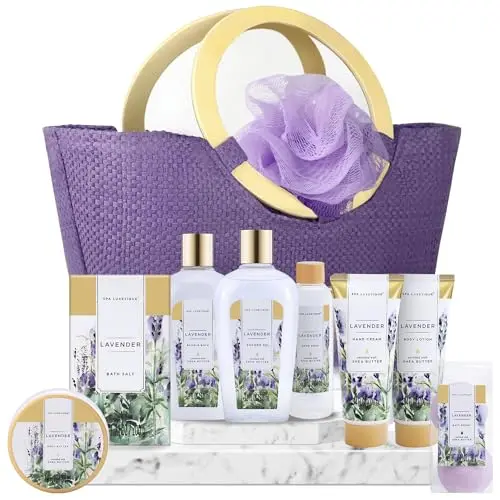 Spa Luxetique lavender gift basket with tote bag containing bath products