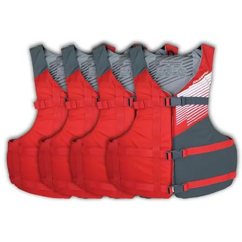Stohlquist Universal Fit Adult Life Jacket PFD 4-pack in red and gray