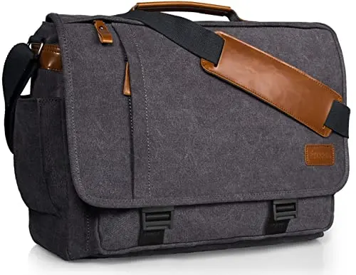 ESTARER grey canvas messenger bag with multiple front pockets