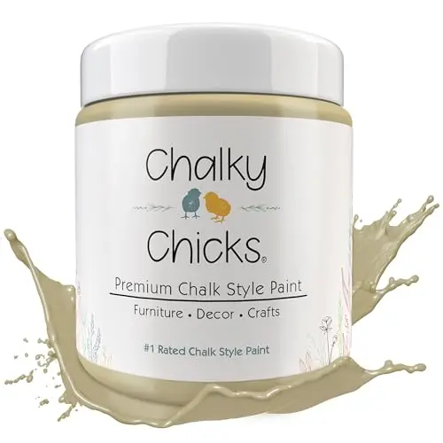 Chalky Chicks chalk paint can showing taupe color on wood furniture