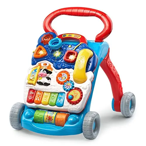 Blue VTech sit-to-stand learning walker with removable activity panel and interactive features