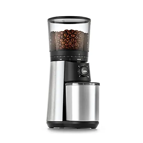 OXO BREW Conical Burr Coffee Grinder in silver with adjustable settings