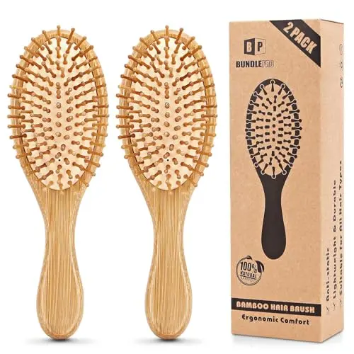BUNDLEPRO natural boar bristle hair brush set of two with bamboo handle
