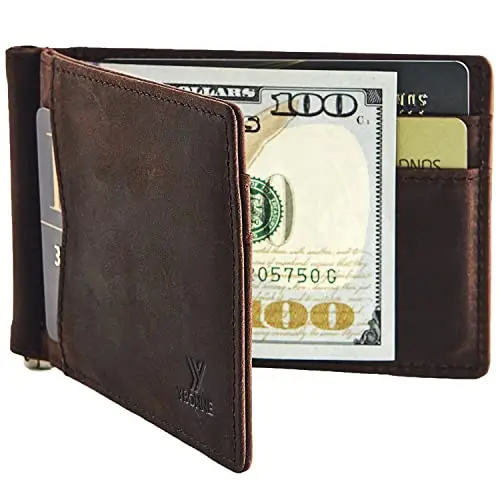 YBONNE crazy horse leather slim wallet with money clip