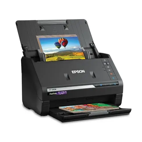 Epson FastFoto FF-680W wireless photo scanner on a table