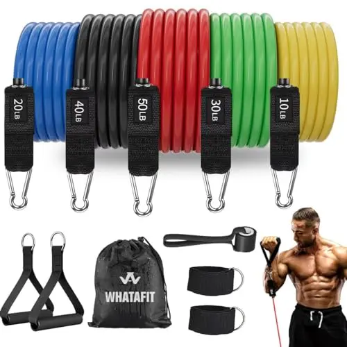 WHATAFIT multi-color resistance bands set with handles and travel pouch