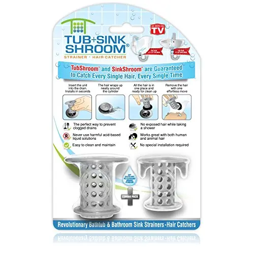 TubShroom and SinkShroom drain protectors in gray silicone