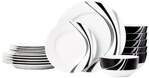 Amazon Basics dinnerware set with swirl pattern showing plates and bowls