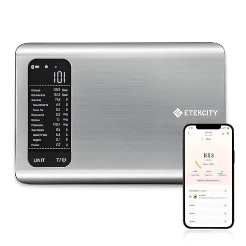 Etekcity smart food scale with nutritional calculator on stainless steel platform