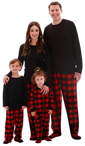 #followme family matching Christmas pajamas in buffalo plaid microfleece