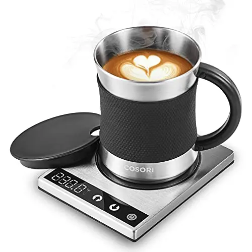 Silver and black mug warmer set with stainless steel mug and digital display