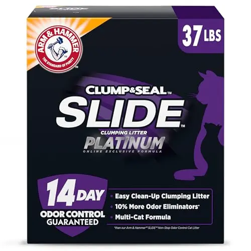 ARM & HAMMER Clump & Seal SLIDE Platinum cat litter showing non-stick clumps and clean litter box