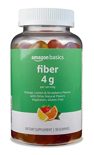 Amazon Basics fiber gummies in orange, lemon, and strawberry flavors