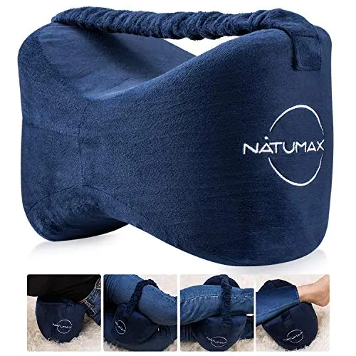NATUMAX memory foam knee pillow with leg strap in blue color