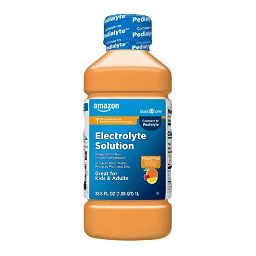 Amazon Basic Care Electrolyte Solution bottle in mixed fruit flavor