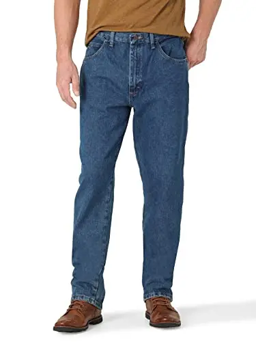 Rustler classic relaxed fit jeans in dark stonewash showing durable construction