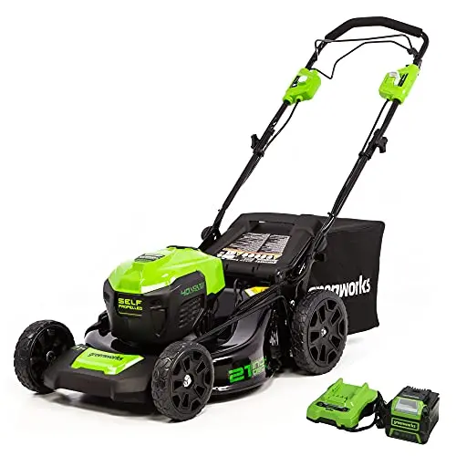 Greenworks 40V self-propelled lawn mower on a hill