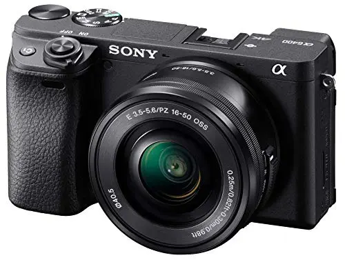 Sony Alpha a6400 mirrorless camera with flip-up screen and compact lens
