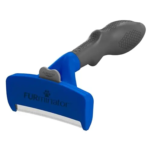 FURminator deshedding tool for large dogs with blue handle and FUREJECTOR button