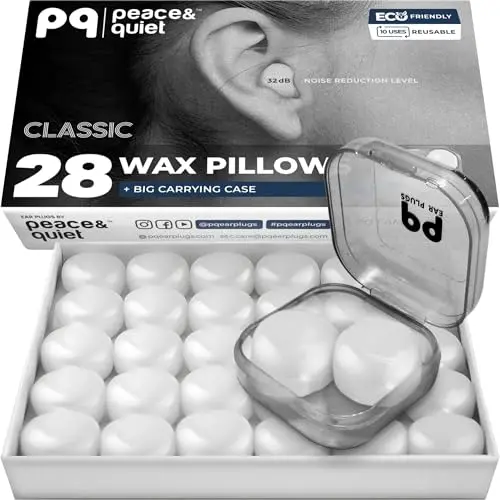 Peace&Quiet white wax earplugs in packaging