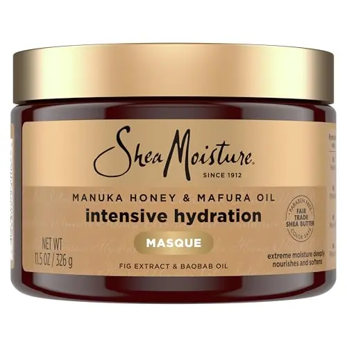 SheaMoisture Intensive Hydration hair masque jar with manuka honey and mafura oil