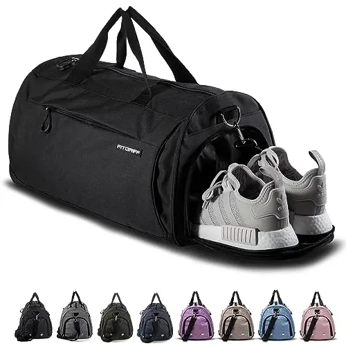 Fitgriff black gym duffel bag with multiple compartments and waterproof base