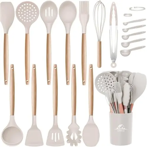 MIBOTE khaki silicone cooking utensils set with wooden handles