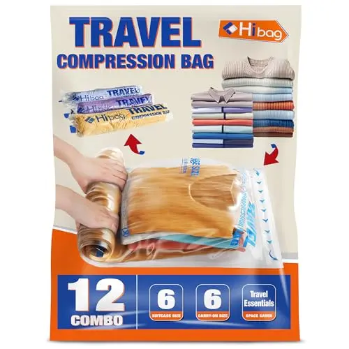 HIBAG 12-pack compression bags showing clear rectangular bags with dual zippers